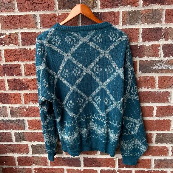 Vintage Teal Geometric Crewneck Sweater Saturdays Size Large - Picture 2 of 3